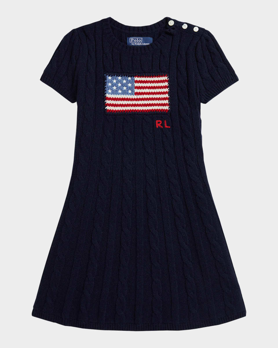 Girl's American Flag Cashmere Cable Knit Dress, Size 2-